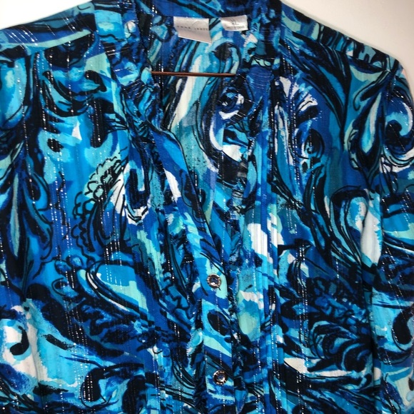 Emma James Top Blue Swirl Print Top Pleated Ruffle Blouse Button Down Blouse - Picture 7 of 10